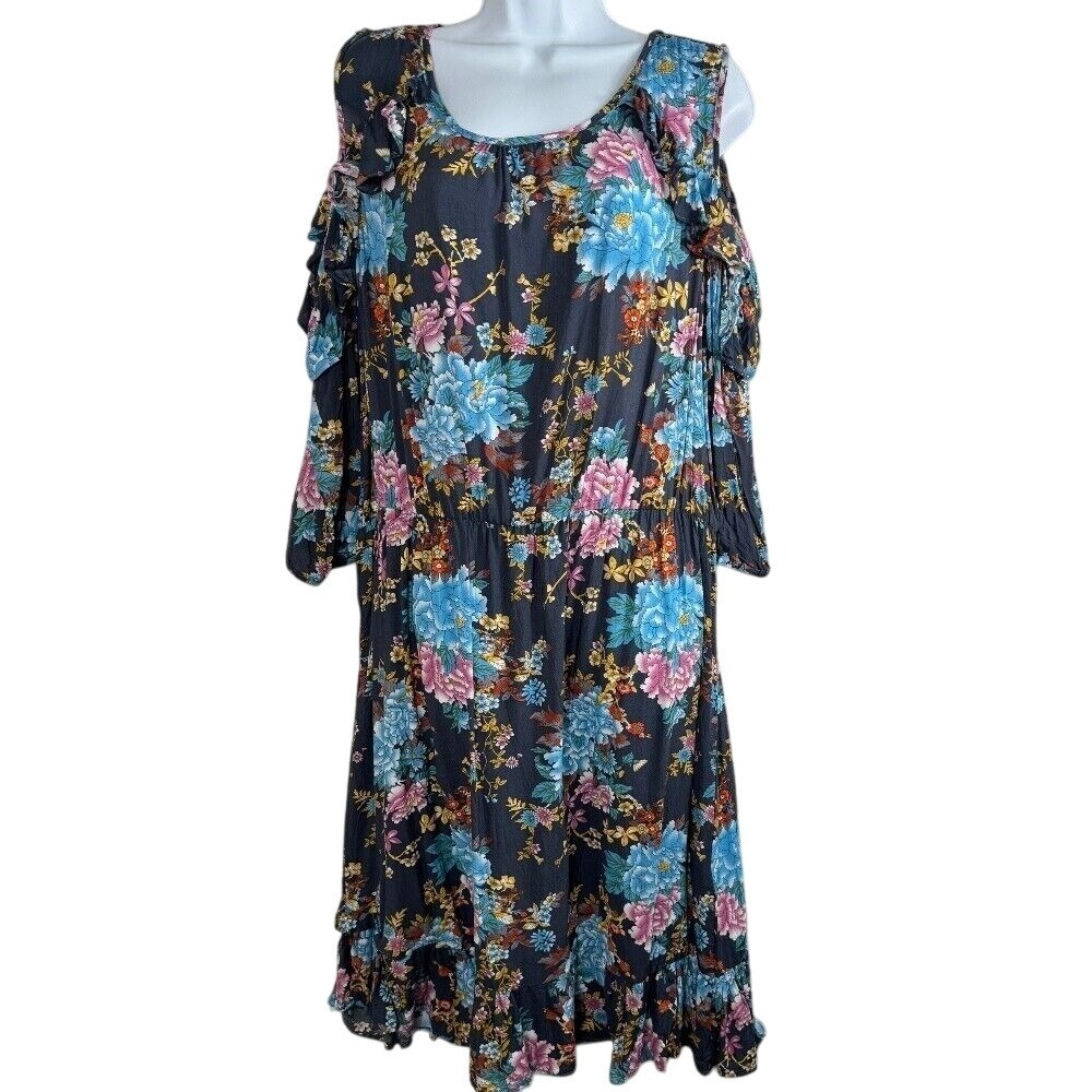 Go Coco Floral Cold‎ Shoulder Midi Dress Ruffle Hem Bohemian 2X